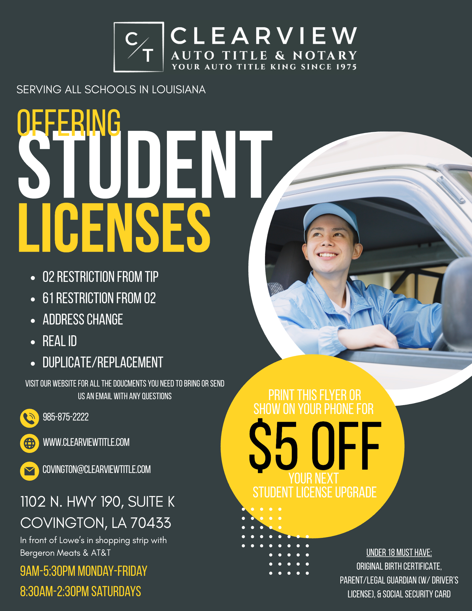 Advertisement for Clearview Auto Title & Notary offering student licenses, with a driver and $5 off promotion.