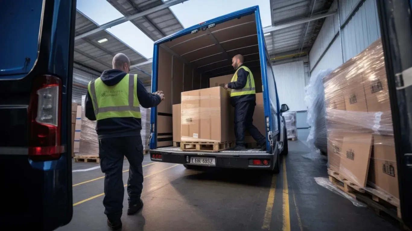 Professional movers loading cardboard boxes into a large moving truck.