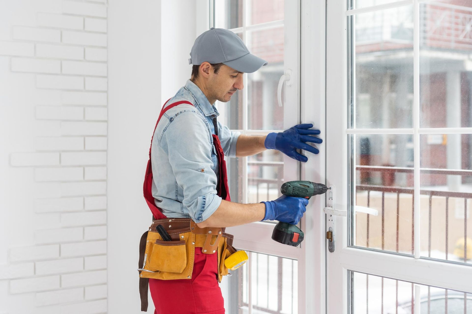 Man in work clothes uses a power drill on a white window frame indoors.