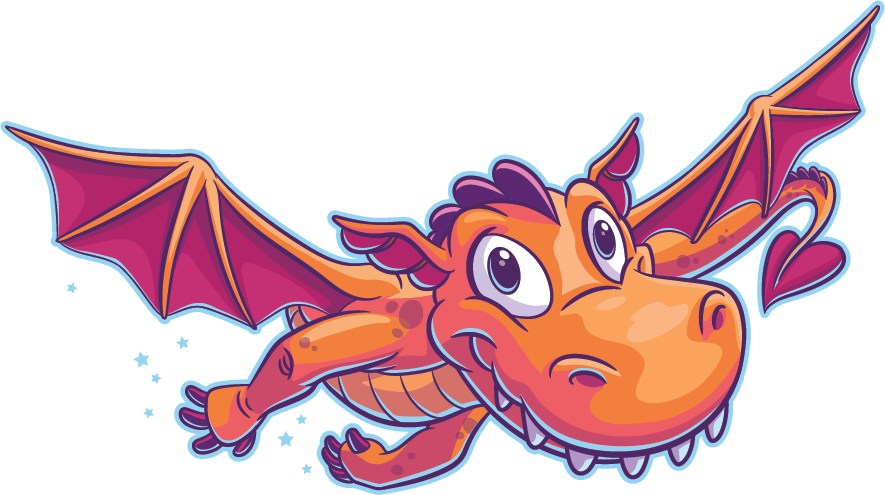 A cartoon dragon with wings is flying in the air.