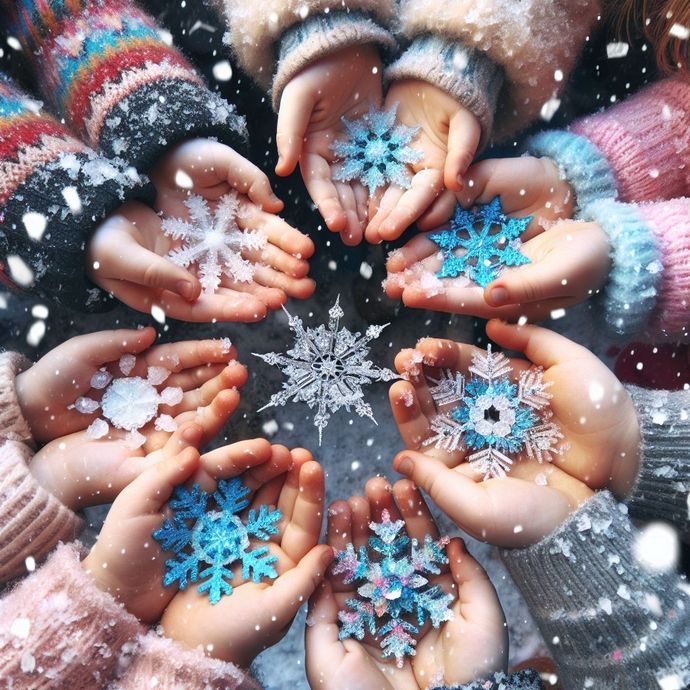 A group of children are holding snowflakes in their hands