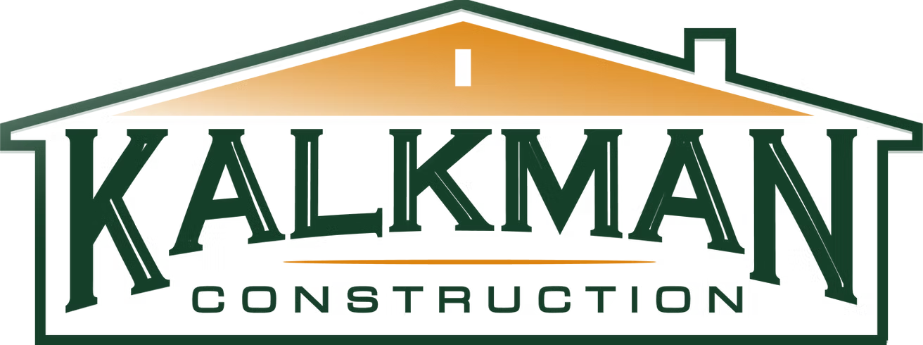 Logo for Kalkman Construction, featuring the name in green with a house outline over an orange background.