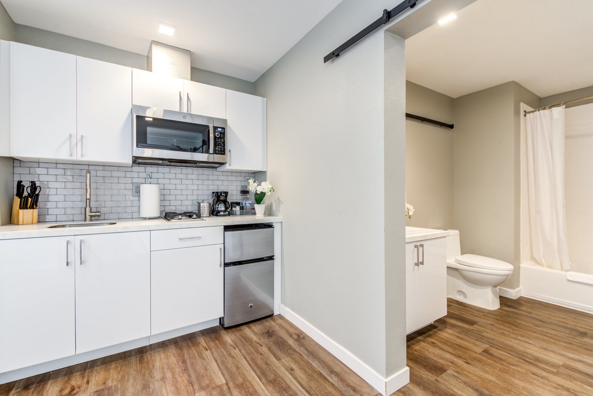 Interior view of kitchen and bathroom