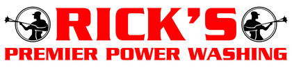 A red and white logo for rick 's premier power washing