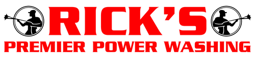 A red and white logo for rick 's premier power washing