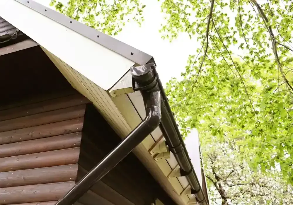 Rain gutter and downspout on a brown house roof under green tree branches