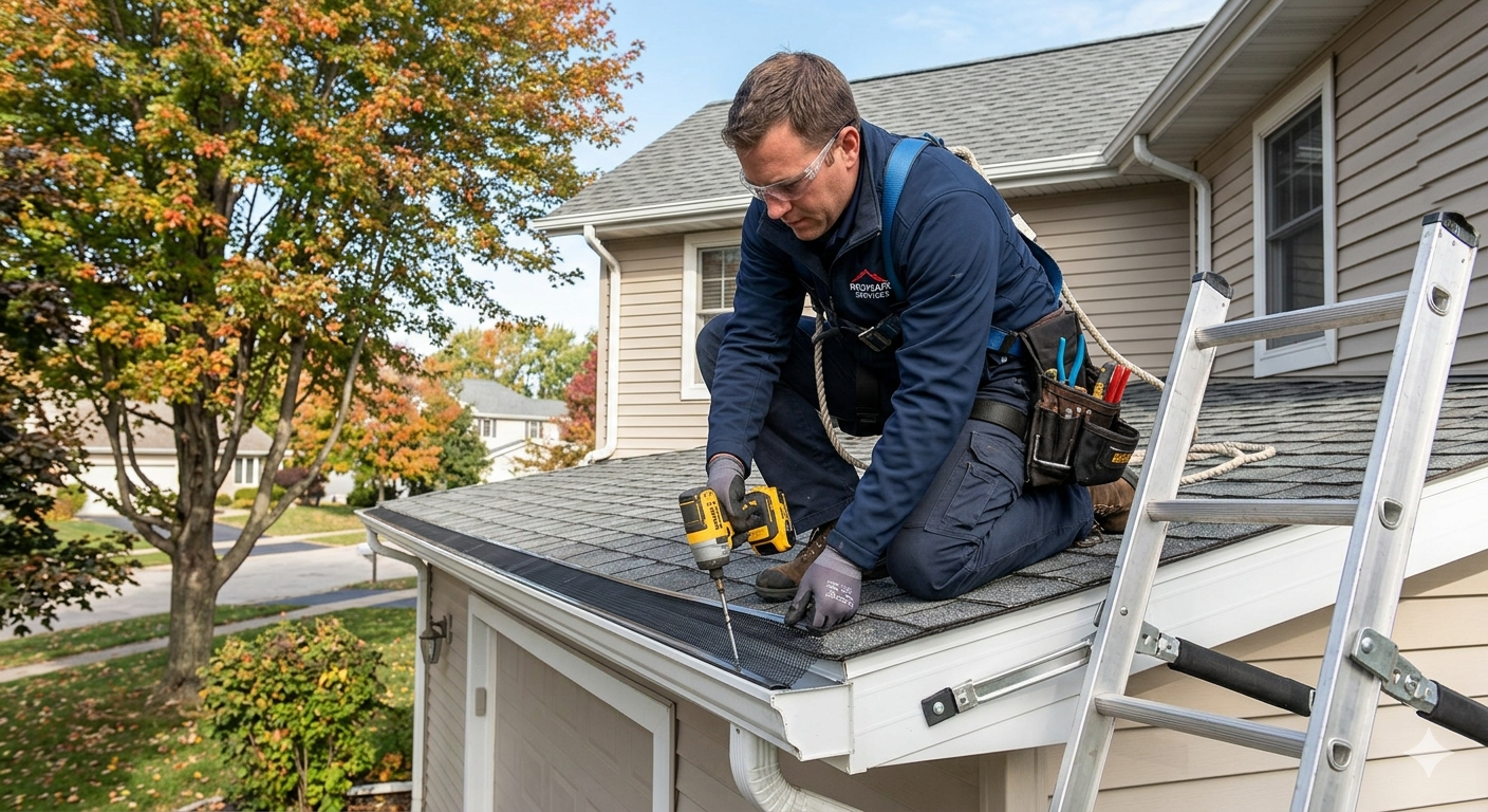 Worker repairs a roof gutter beside a ladder, wearing gloves and tools on a suburban house.