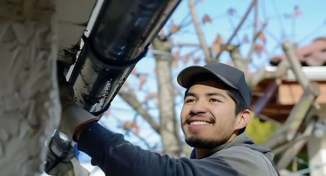 Worker in a cap adjusting overhead pipes at a construction site, smiling under a structure.