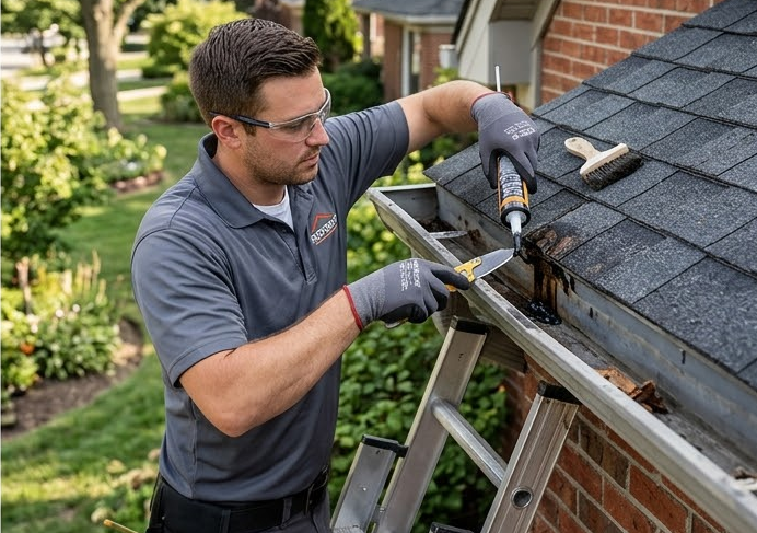 Worker repairing a roof gutter with a drill and tool on a ladder beside a house