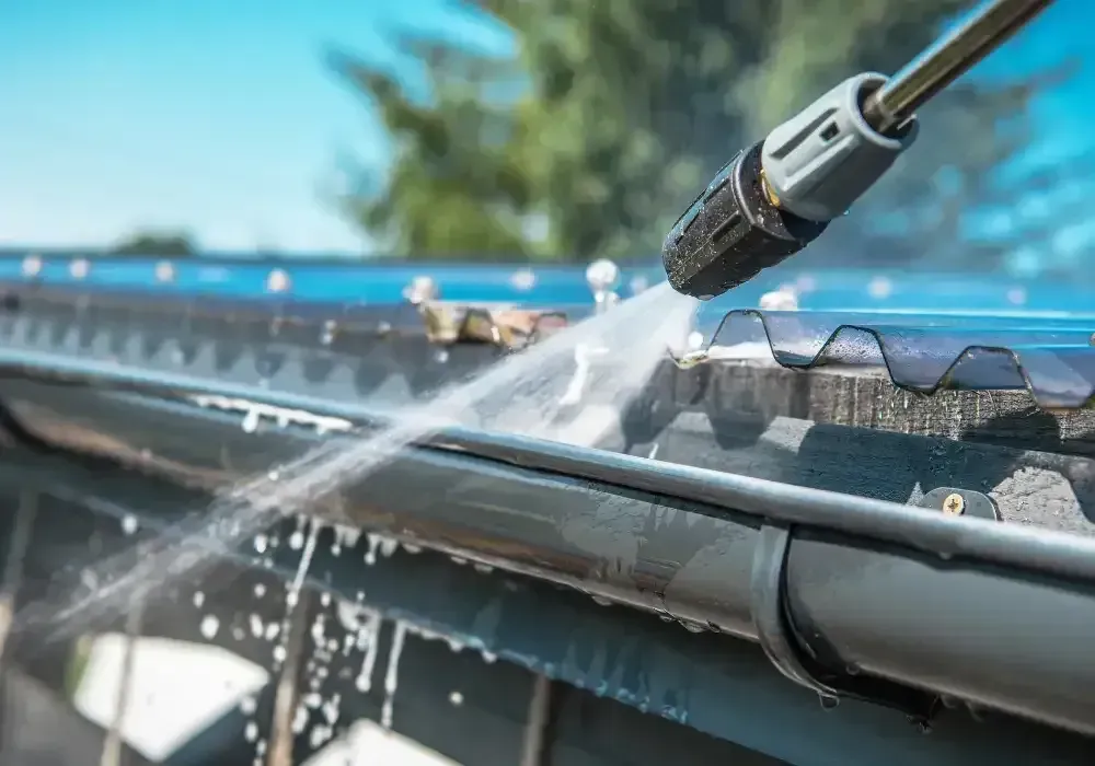 Pressure washing a roof gutter with water spraying along the shingles