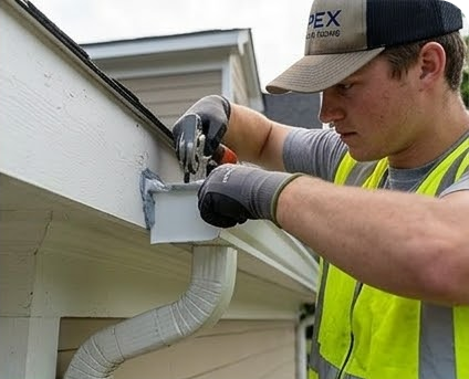 Worker installing a white gutter on a house exterior with tools in hand