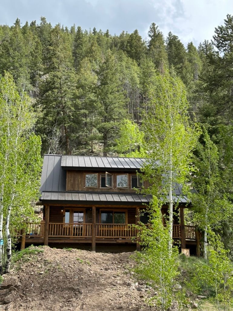 Wooden cabin nestled in a forest, with a porch and dark metal roof.