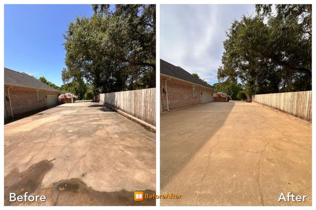 Before-and-after view of a concrete driveway: dirty and stained (before) and clean and light (after). Blue sky overhead.