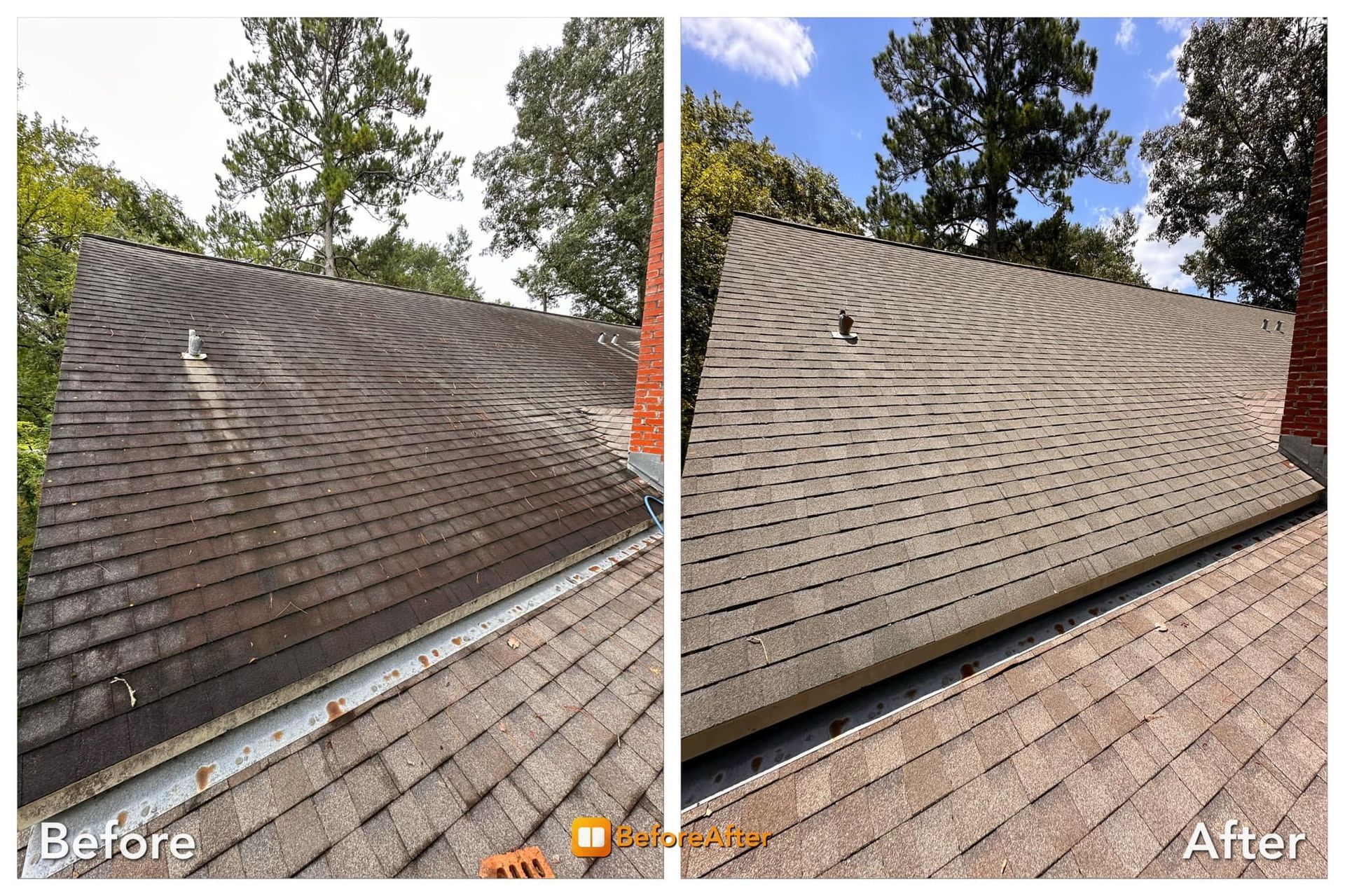 Before and after comparison of a roof. Left side: dirty roof. Right side: clean roof.