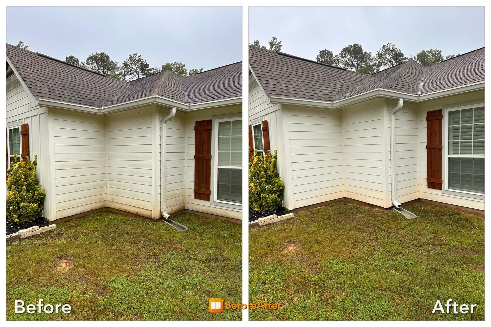 Before and after photos of a white house corner. The siding and roof have been cleaned, removing dirt.