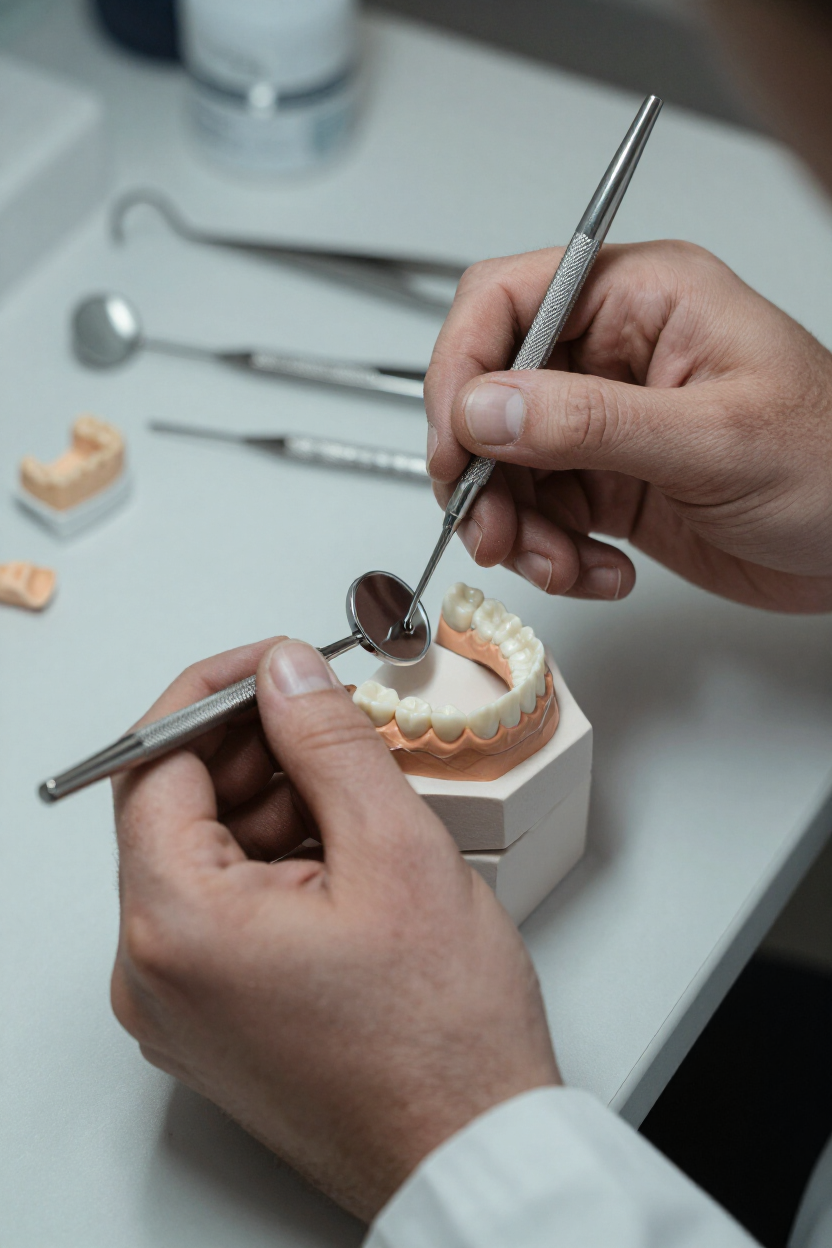 Manos dando forma a un molde dental con herramientas en un banco de trabajo.