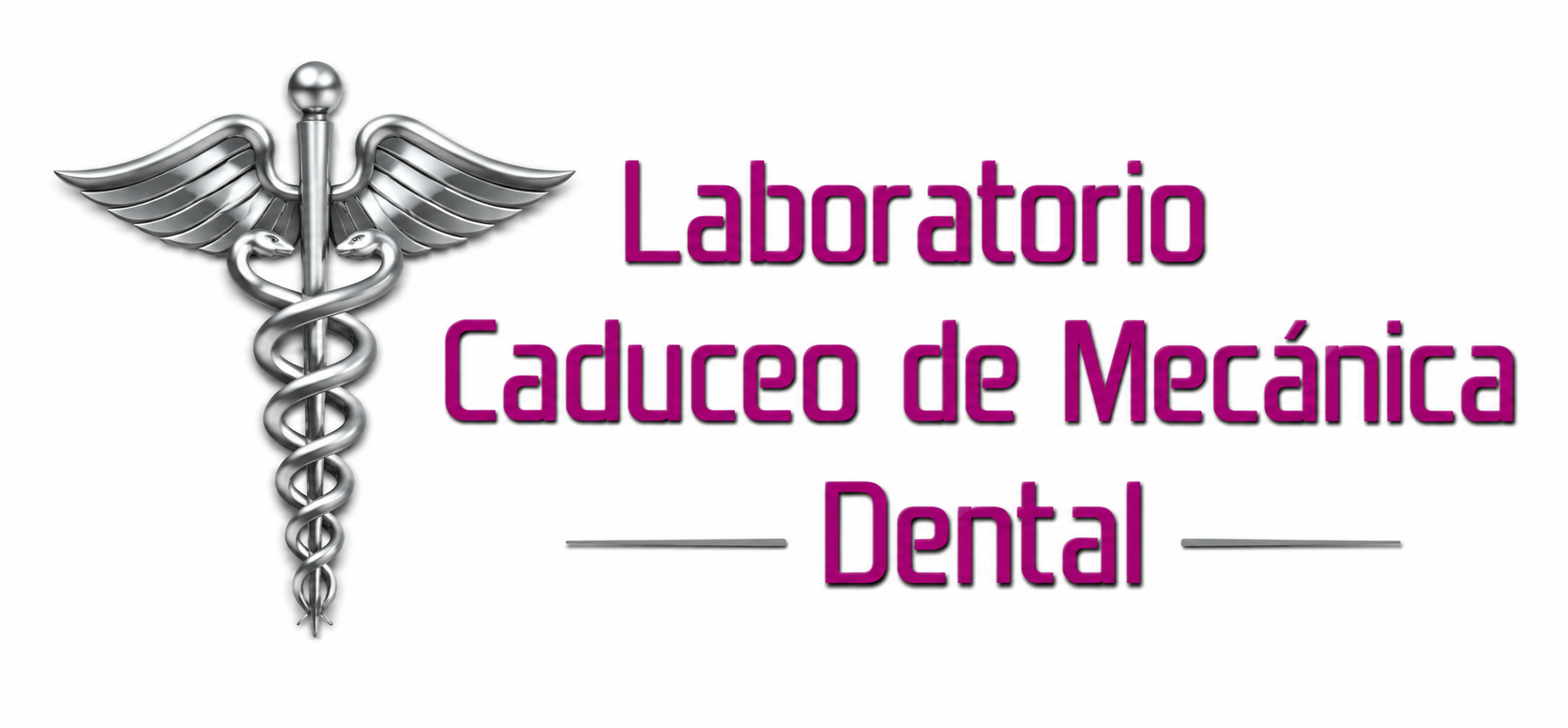 Logotipo de Laboratorio Caduceo de Mecánica Dental con un caduceo plateado y texto magenta sobre fondo blanco.