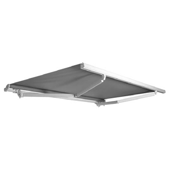 Tenda da sole retrattile grigia con struttura bianca, mostrata aperta su sfondo bianco.