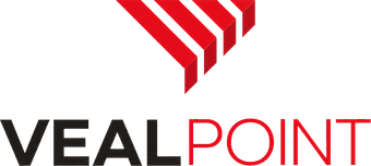Logo VealPoint con testo nero e rosso e un simbolo geometrico a strisce rosse sopra il nome.