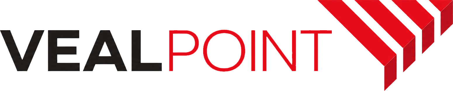 Logo VEALPOINT in nero e rosso con strisce diagonali rosse