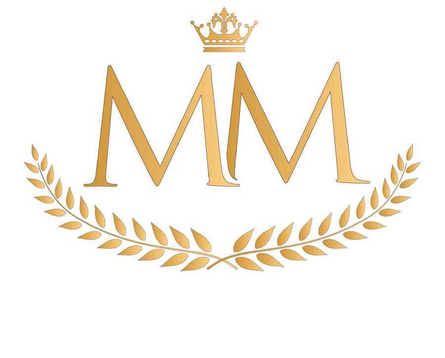 Gold "MM" initials with a crown above and laurel wreath below.