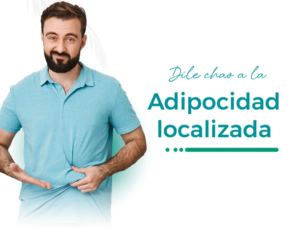 Un hombre con barba se sostiene el estómago delante de un cartel que dice adipocidad localizada.