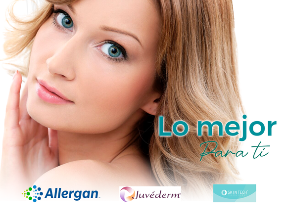 El rostro de una mujer está rodeado de logotipos de Allergan y Juvederm.