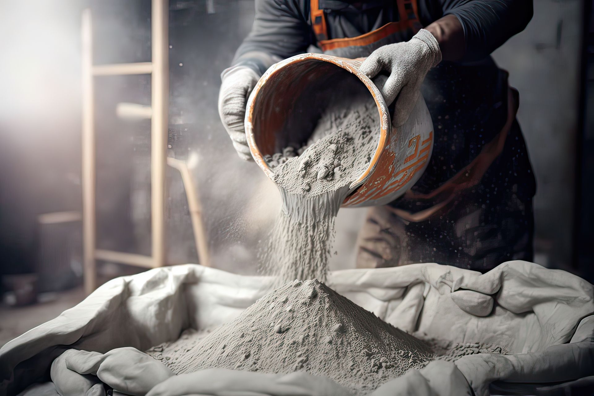 A worker is filling a bucket with cement from a bag.