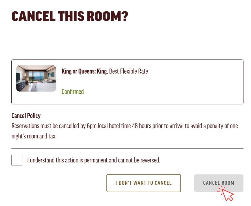 Image of screen confirming if a guest would like to cancel their reservation.