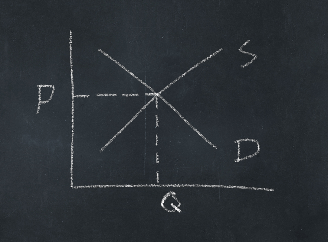 Simple supply and demand graph on a chalkboard, with labels for Price, Quantity, Supply, and Demand.