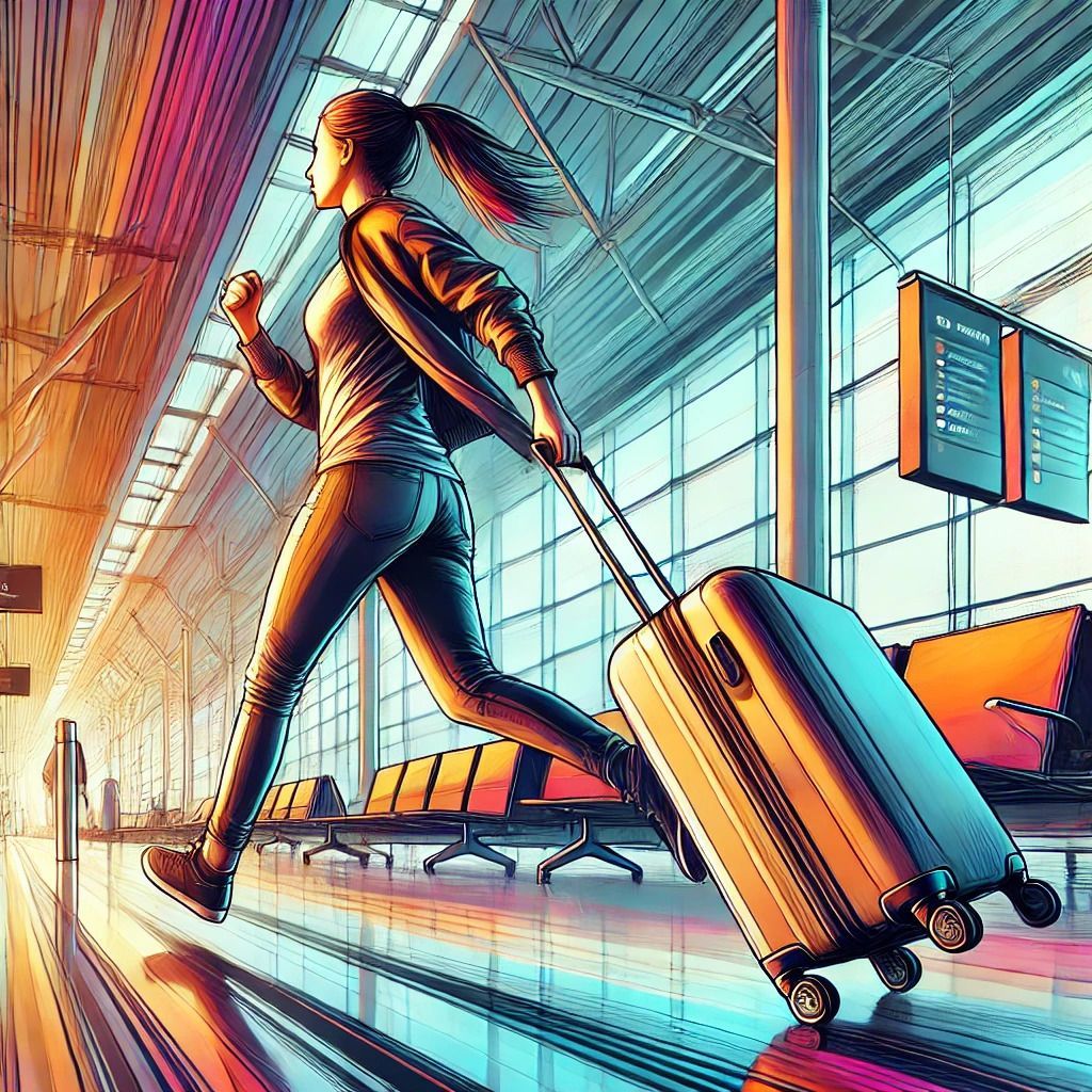 A women with a suitcase runs through an airport for a last minute vacation.