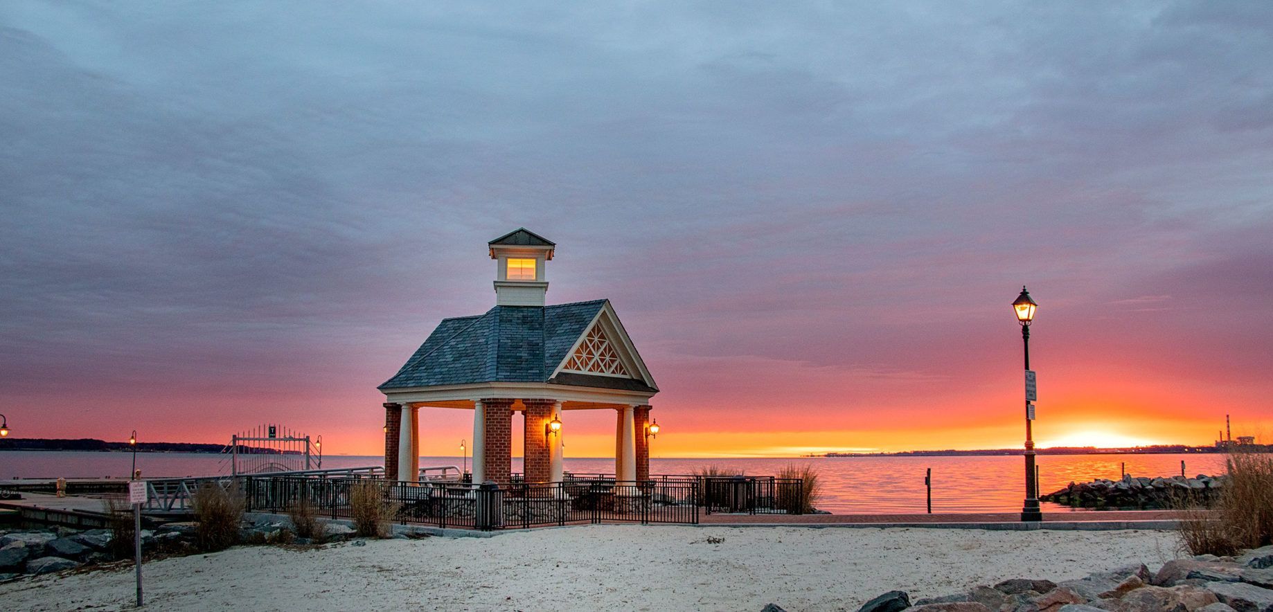 Yorktown Beach and Riverwalk at sunset