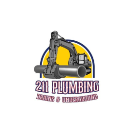 Logo for 211 Plumbing: Gray excavator holding a pipe against a yellow and blue background. Text reads 