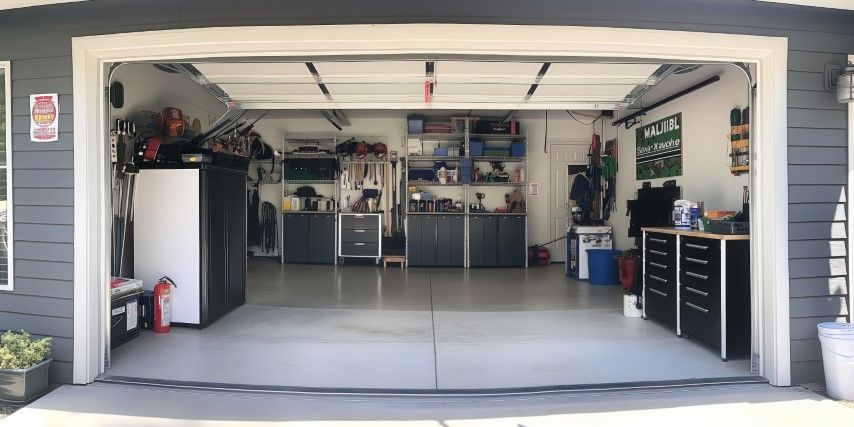 Open garage with organized storage, tools, and cabinets. Gray floor and walls, white trim.