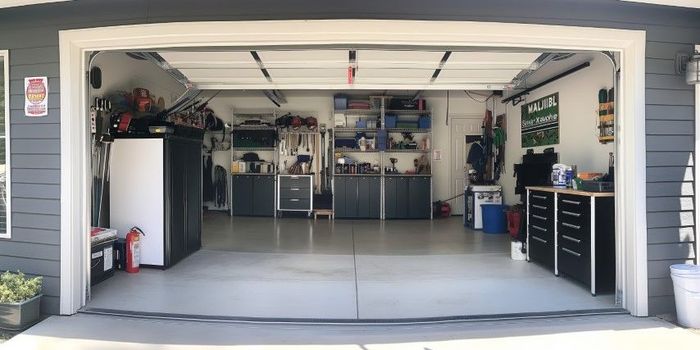 Open garage with organized storage, tools, and cabinets. Gray floor and walls, white trim.