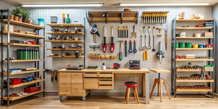 Workshop with tools organized on pegboard and shelves. Includes a workbench, stool, and various tools.