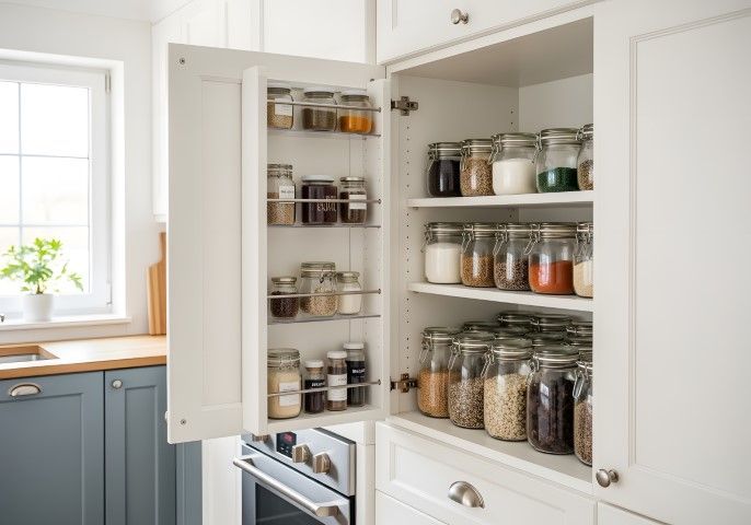 Kitchen cabinet with open door revealing spice jars on shelves.
