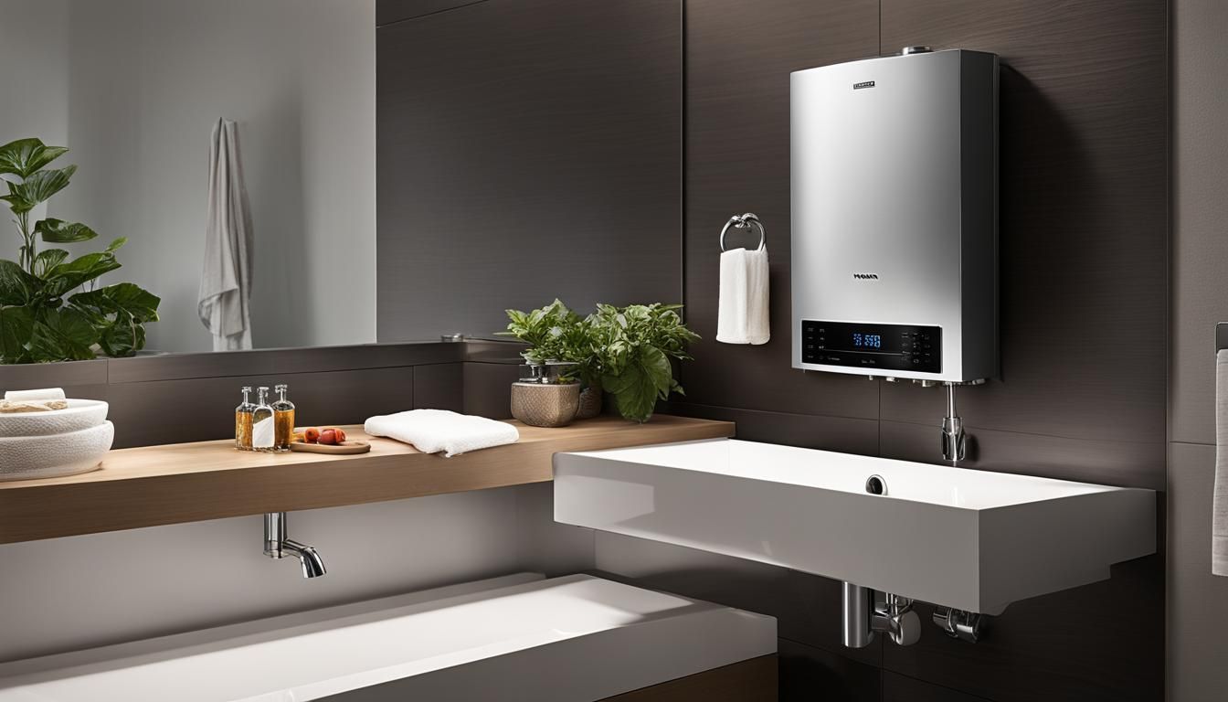 A bathroom with a sink , mirror and heater.