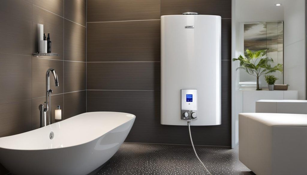 A bathroom with a bathtub and a water heater.