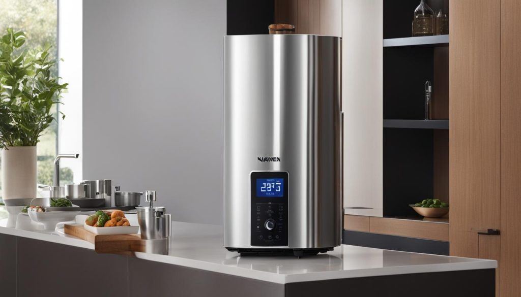 A stainless steel water heater is sitting on a counter in a kitchen.