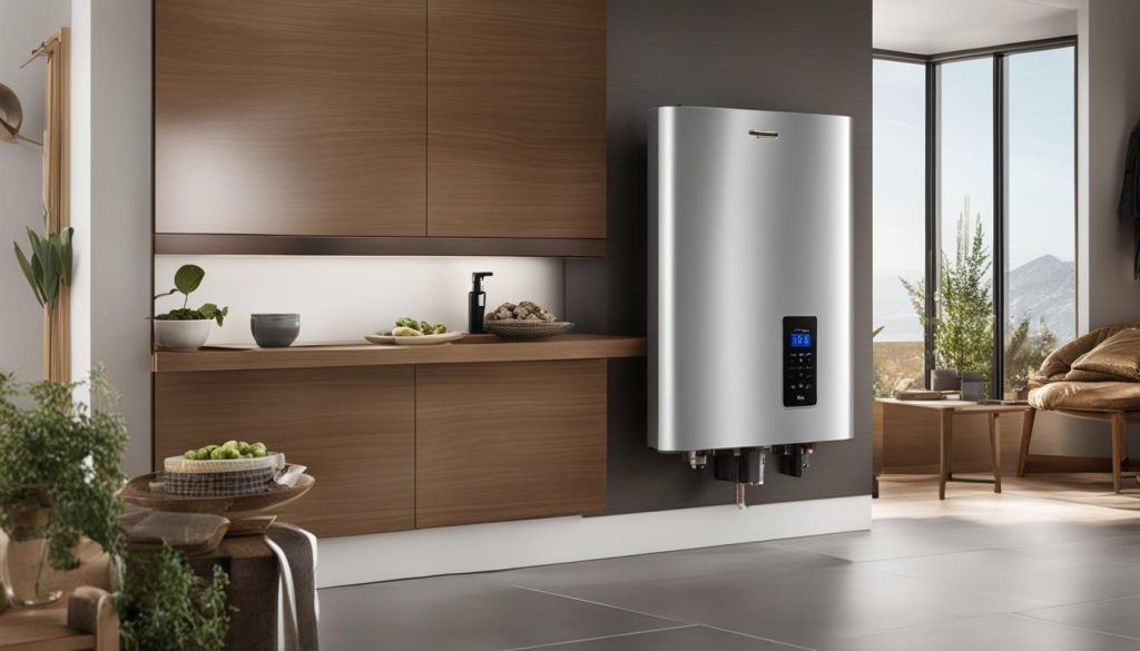 A stainless steel water heater is hanging on a wall in a living room.