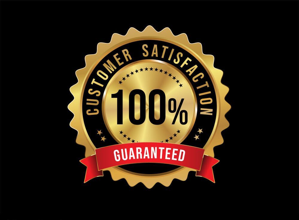 A gold customer satisfaction guaranteed seal with a red ribbon