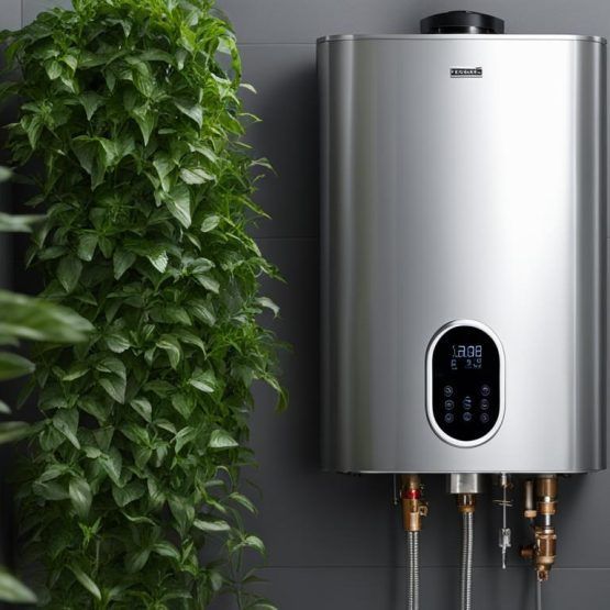 A water heater is hanging on a wall next to a plant.