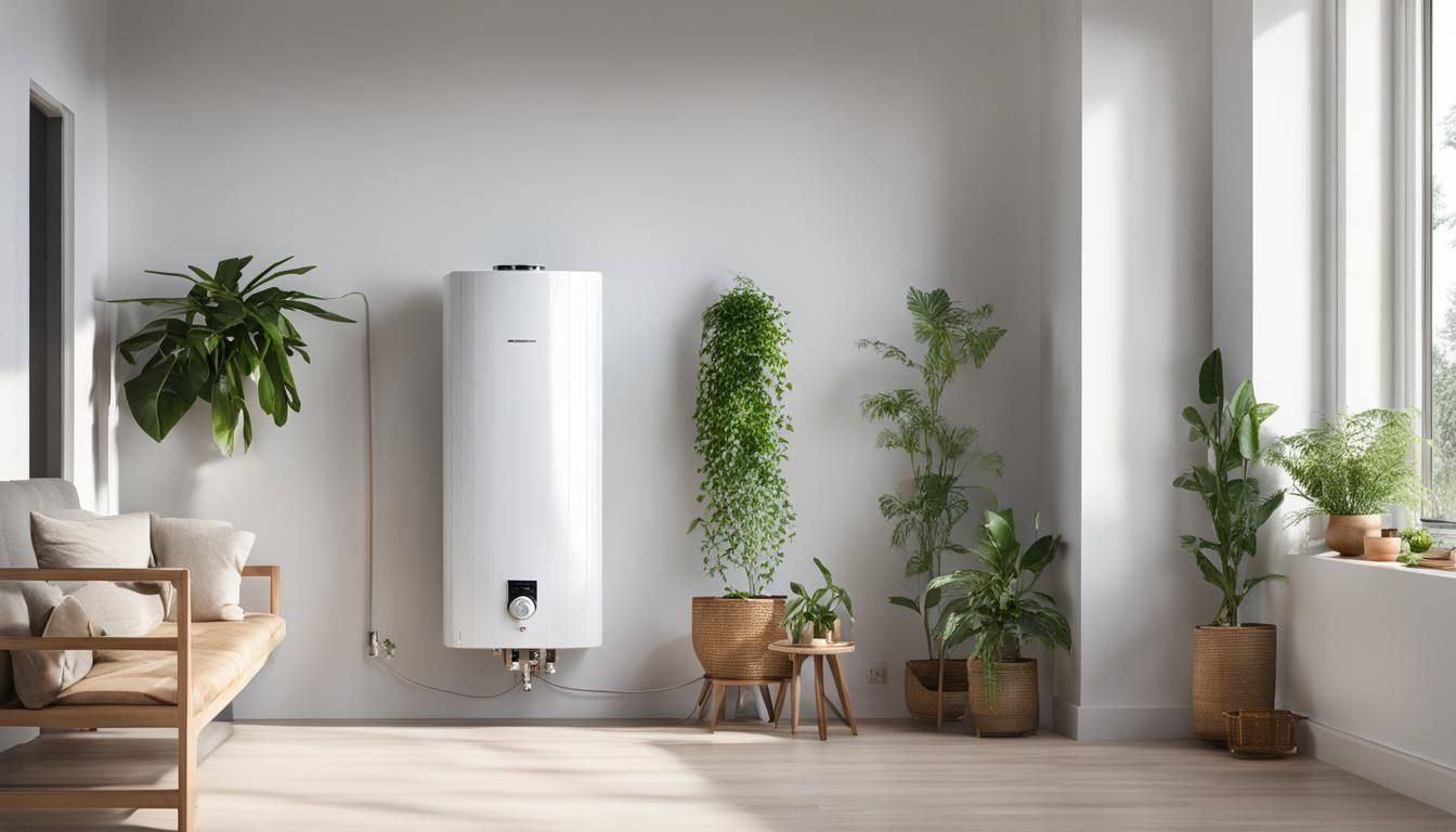 A living room with a couch , plants , and a water heater.