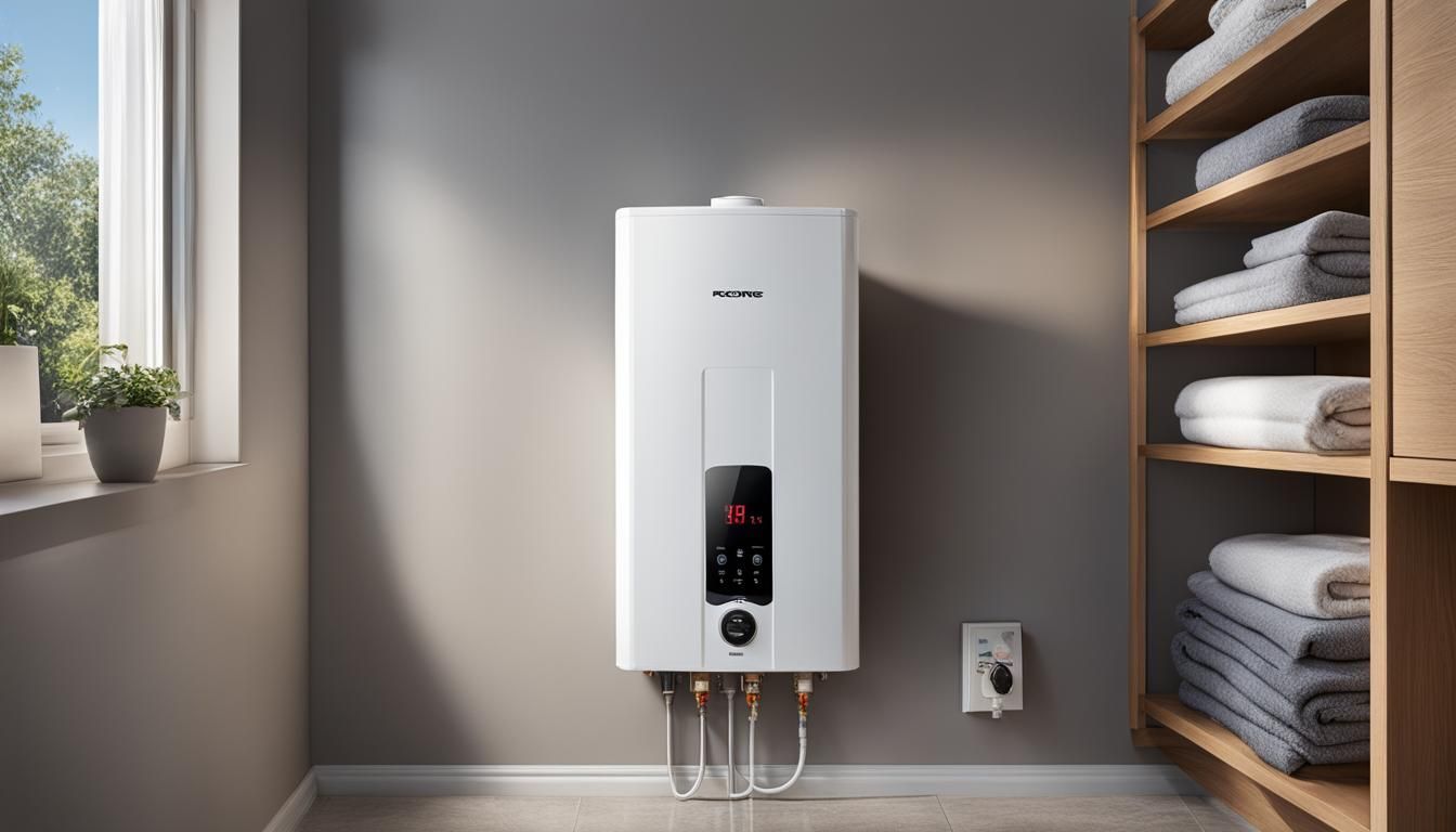 A white water heater is hanging on a wall in a bathroom next to a window.