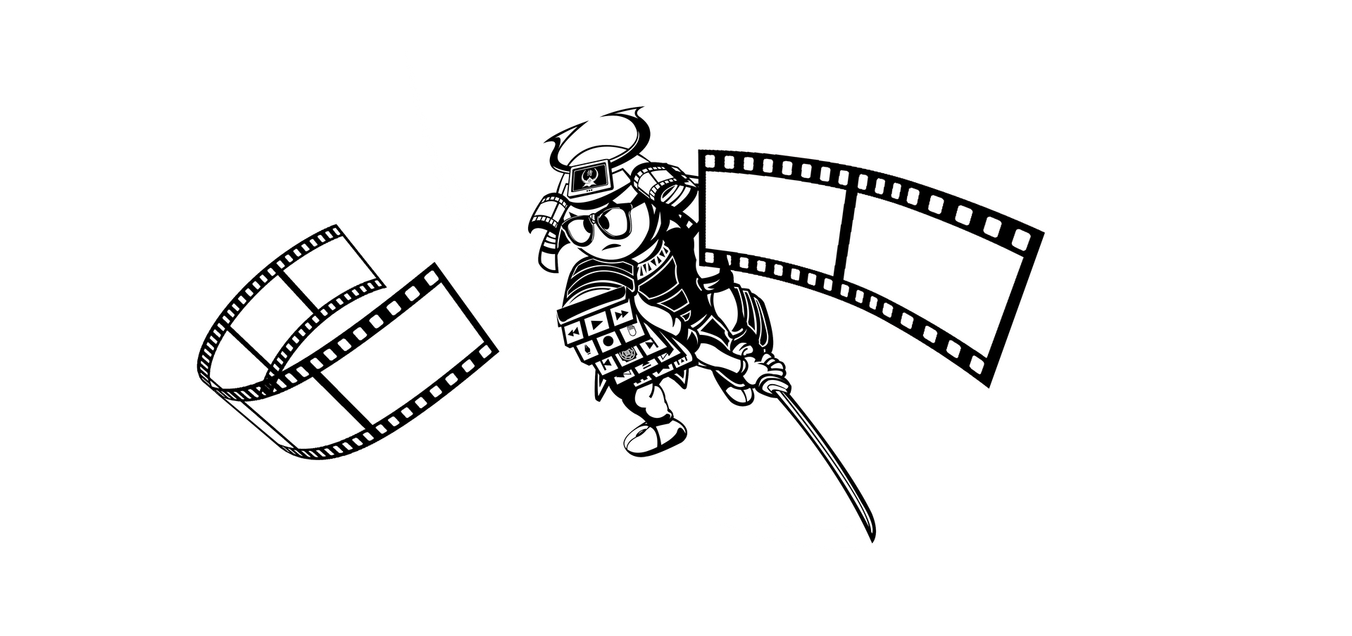 Black and white cartoon of a samurai on a film strip, holding a sword. Two film strips curve around the samurai.
