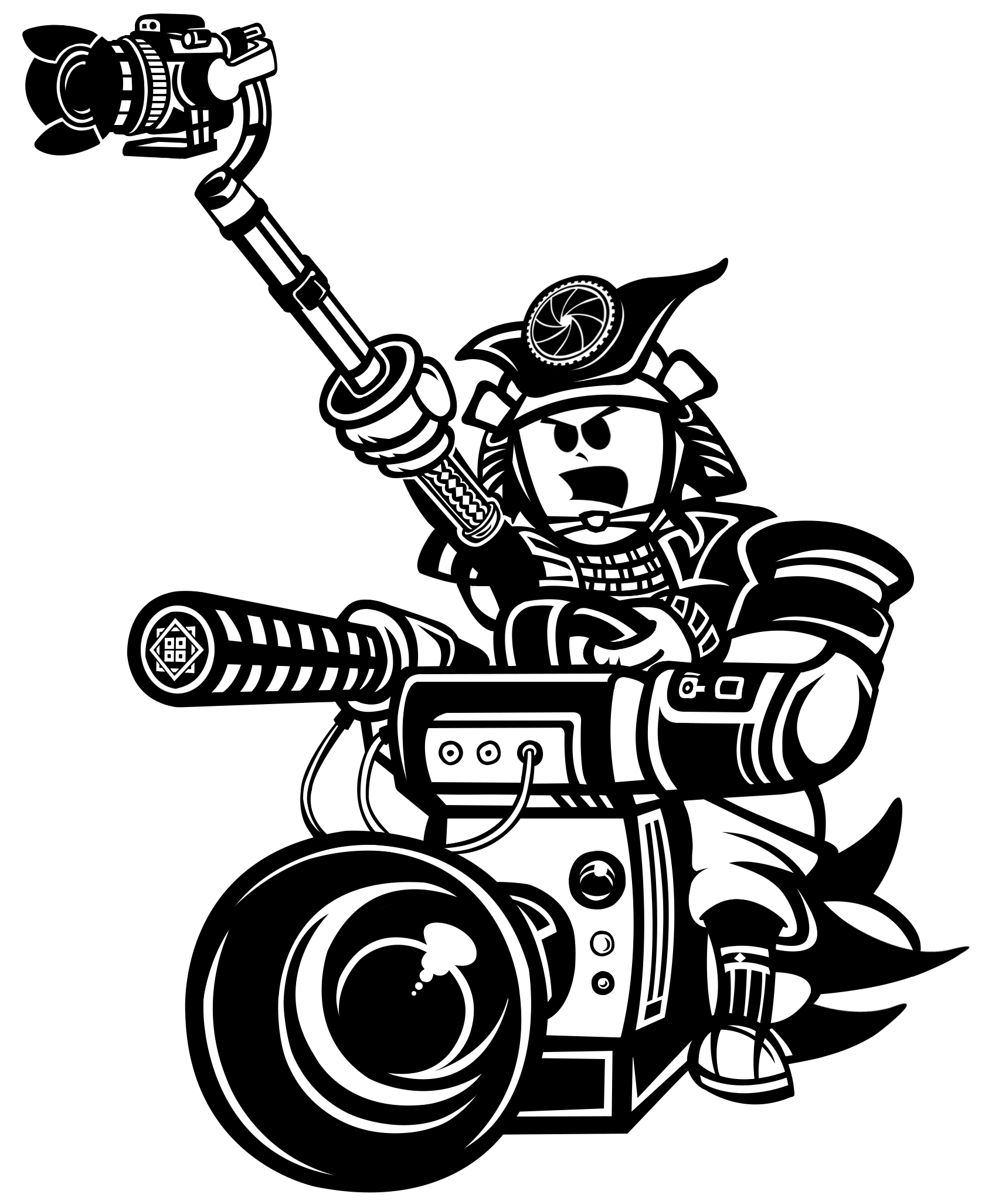 A samurai riding a video camera, holding another camera on a boom, with an angry expression.