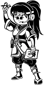 Cartoon woman in ninja-like outfit with headset, holding pen and tablet; looking forward, raising hand.