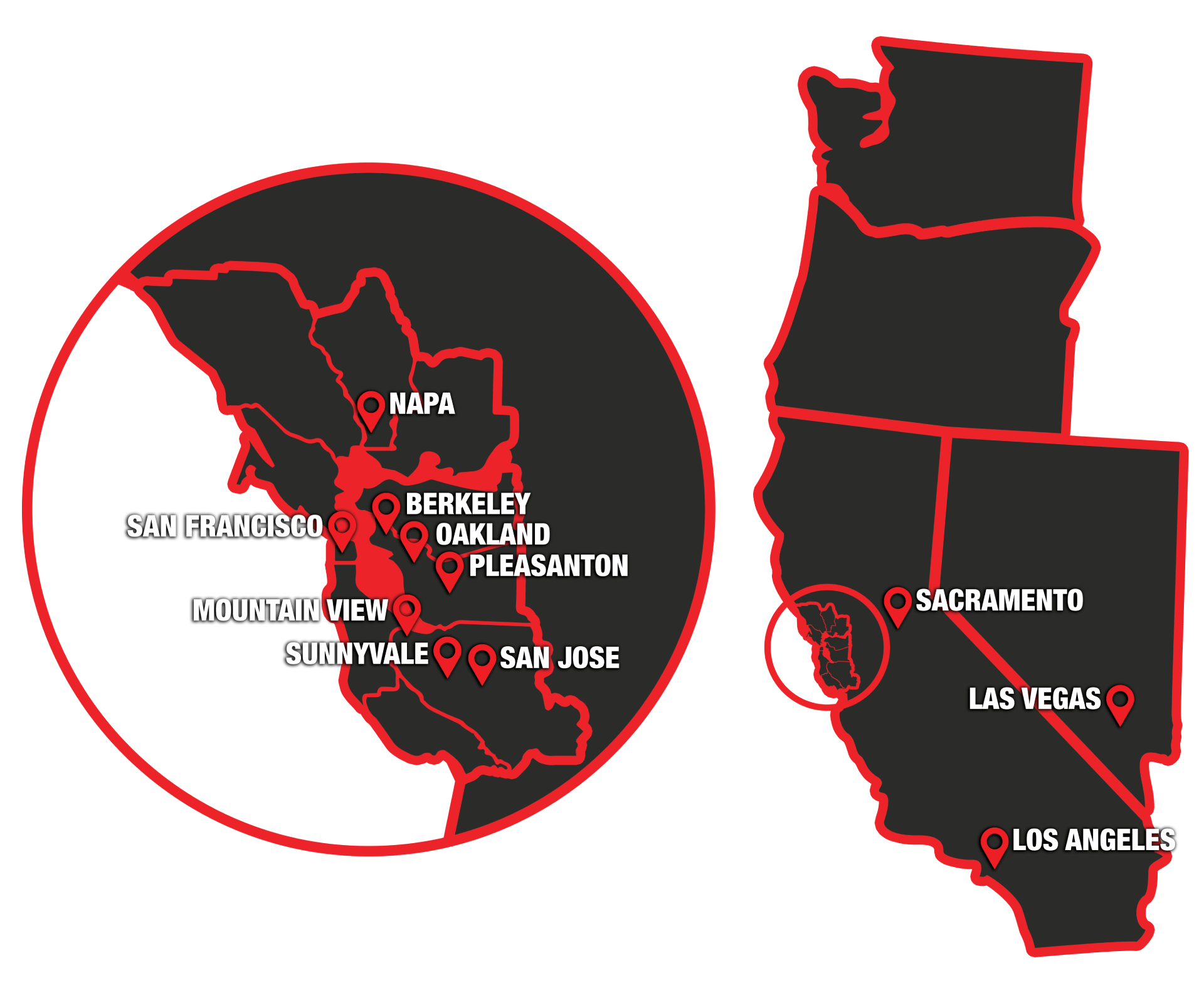 Map of California with highlighted cities: San Francisco, Sacramento, Los Angeles, and Las Vegas.