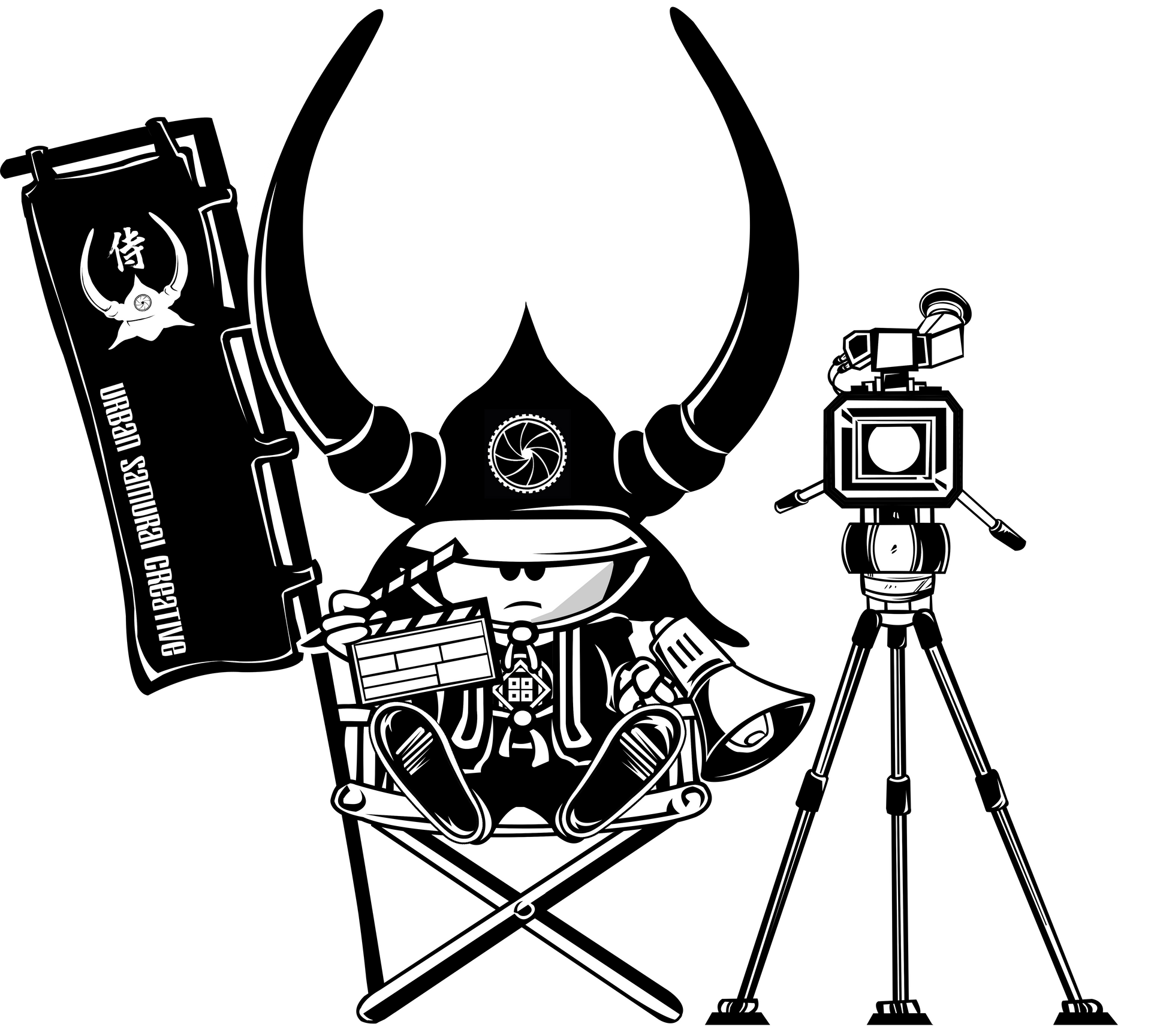 A cartoon character with large horns in a director's chair, holding a clapperboard and megaphone.  Next to a film camera on a tripod.